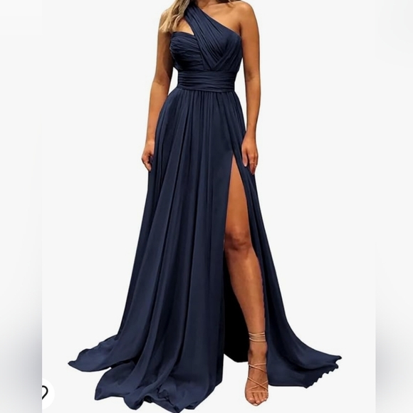 Ryanth Dresses & Skirts - NAVY BLUE one shoulder ruched chiffon dress gown 10 12 cy
